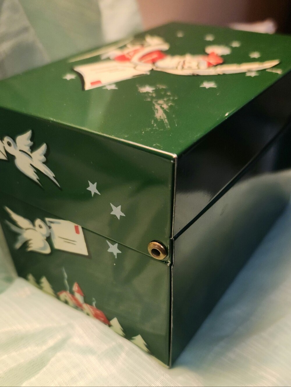 Vintage Mid Century Painted Green Metal Christmas Card List Box With Cards - Picture 3 of 6